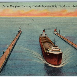 1937 Duluth Minn Giant Freighter Entering Superior Ship Canal Steamer Teich A207