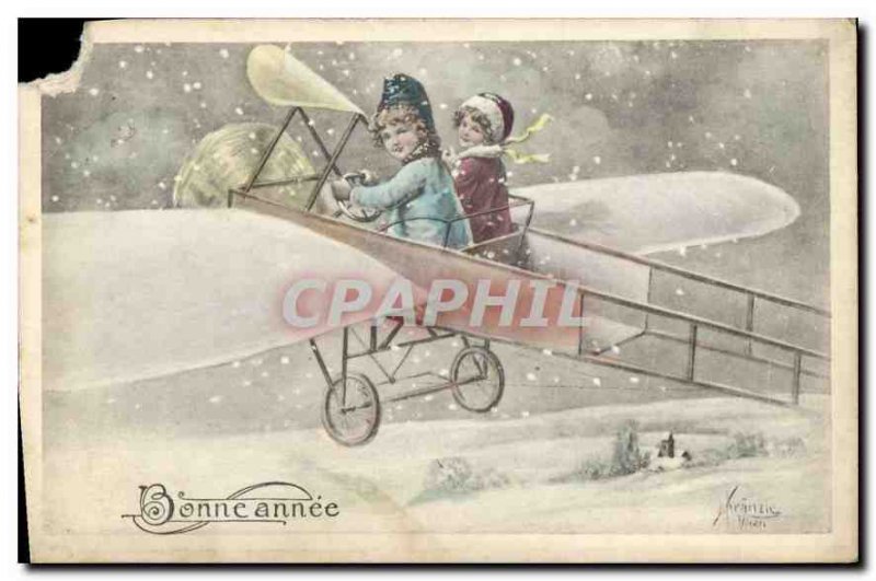 Postcard Happy New Year Old Child Jet Aviation