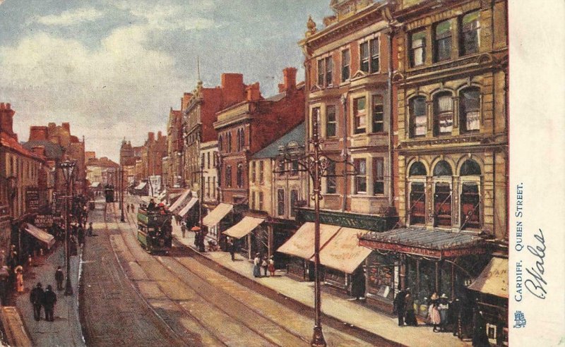 CARDIFF Queen Street Scene Wales Tuck Oilette c1910s Vintage Postcard