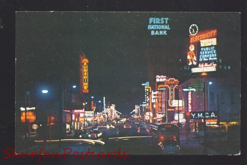 ALBUQUERQUE NEW MEXICO ROUTE 66 DOWNTOWN AT NIGHT NATIONAL BANK POSTCARD