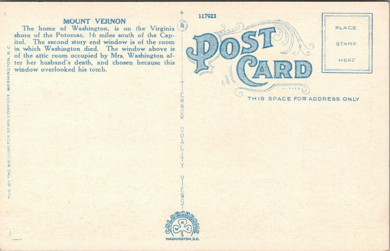 Vtg 1920s Home of George Washington Mt Vernon Virginia VA Unused Postcard