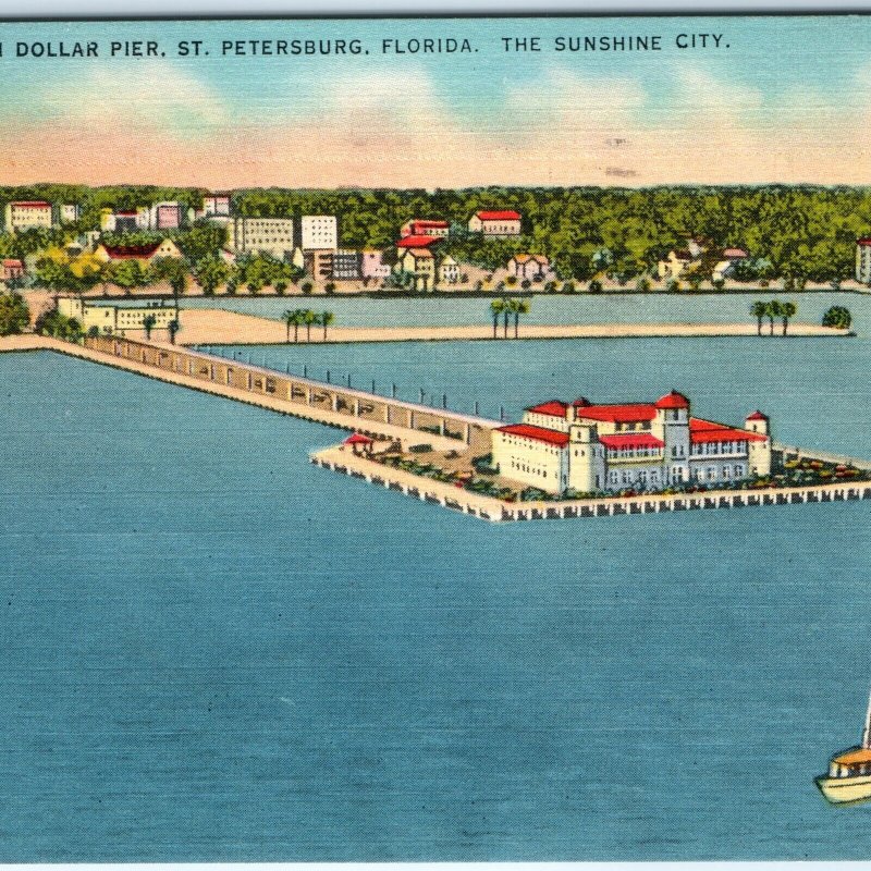 c1940s St. Petersburg, FL Million Dollar Pier Sunshine City Linen PC Aerial A293