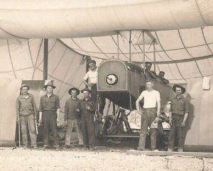 c1915 RPPC Airplane Men Maintenance Tent Hangar Wings Off Curtiss Jenny?  P467 