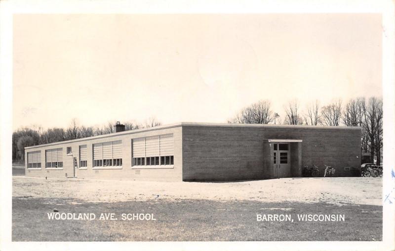 Barron Wisconsin~Woodland Avenue School~Bicycles at Back Door~1952 RPPC 