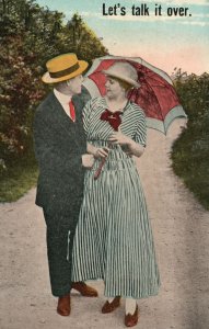 Vintage Postcard 1910's Let's Talk It Over Lovers Couple Sweet Love Walking
