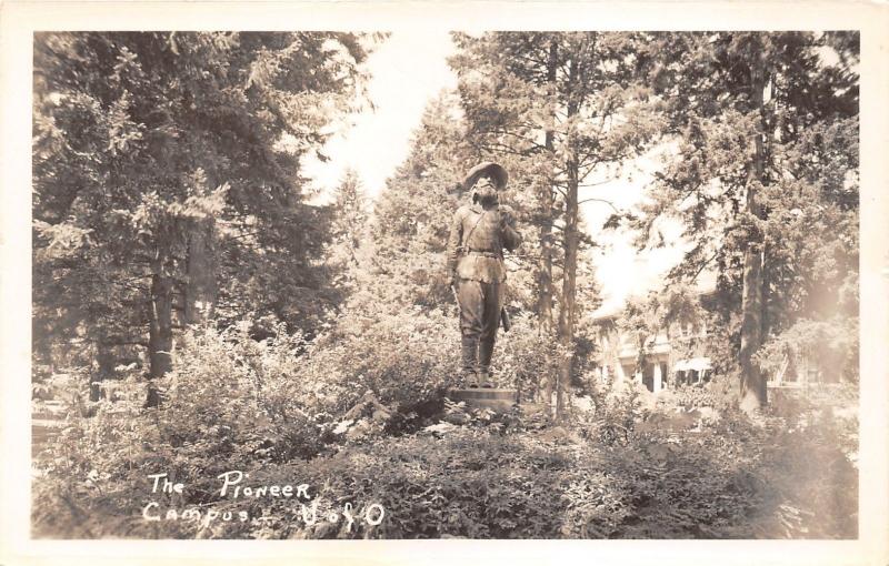 Eugene Oregon~University of Oregon~The Pioneer Statue~1930s RPPC