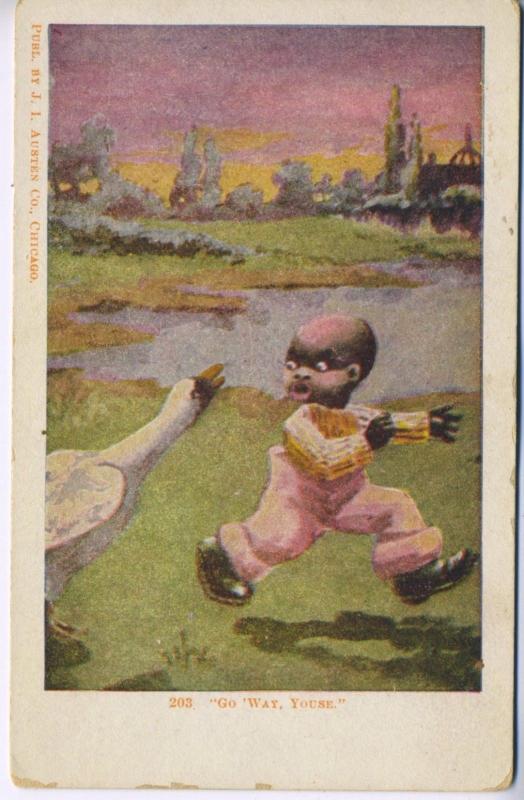 Black Americana 'Go Way Youse' ~ Boy Running From Goose Comic Humor Postcard