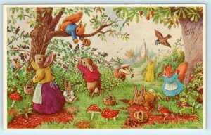 RACEY HELPS Artist Signed DRESSED BUNNIES Picking Blackberries  Postcard