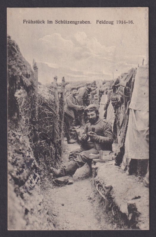 Vinatge postcard GERMANY WWI Patriotic Breakfast in Trenches Feldpost