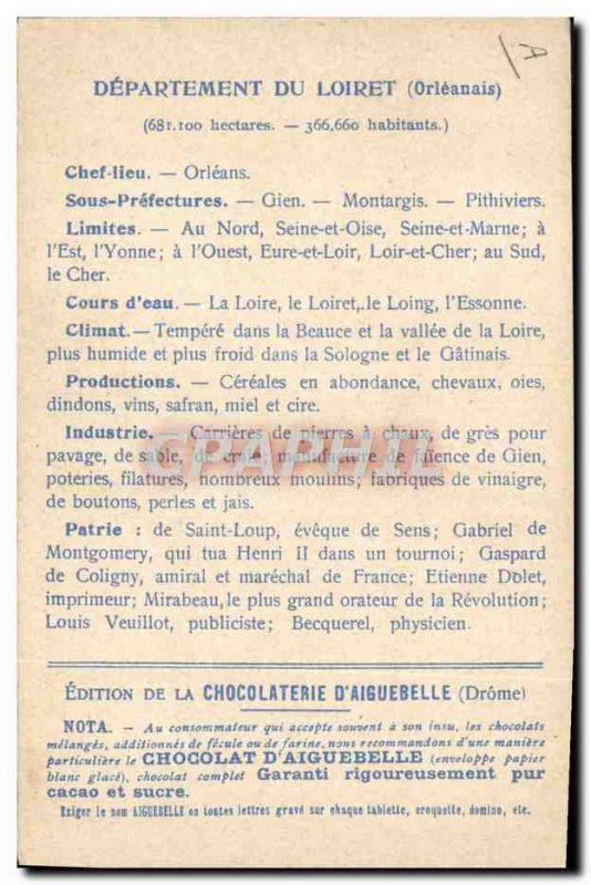 Postcard Old MAPS Chocolaterie d & # 39Aiguebelle Loiret Sully sur Loire