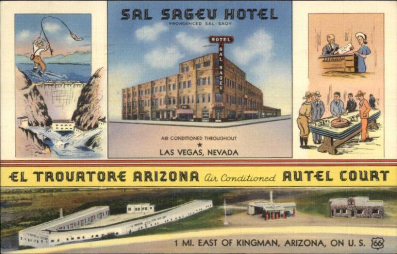 Las Vegas NV Sal Sageu Hotel & Kingman AZ Motel Split-View Linen Postcard