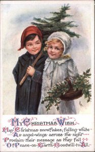 A/s Christmas Little Boy and Girl with Tree and Holly Vintage Postcard