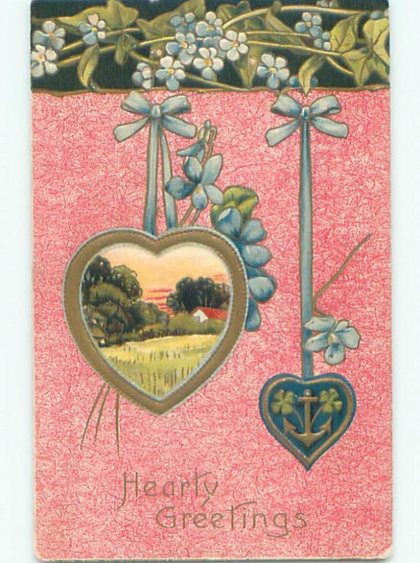 Pre-Linen valentine HEARTS HANGING FROM GREEN RIBBONS WITH FLOWERS J0293