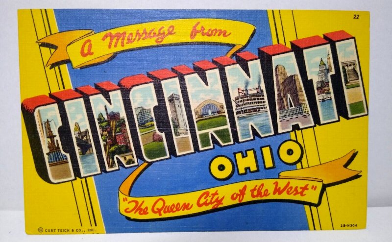 Greetings From Cincinnati Ohio Large Big Letter Linen Postcard Curt Teich Unused 