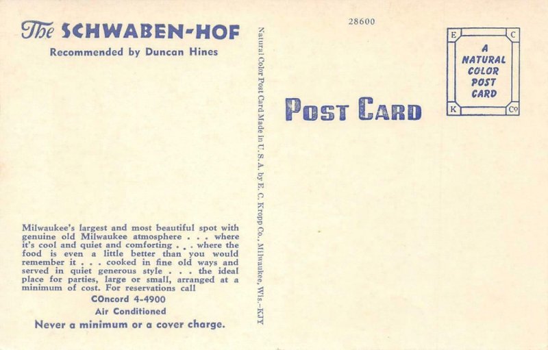 SCHWABEN-HOF German Restaurant MILWAUKEE, WI c1940s Linen Vintage Postcard