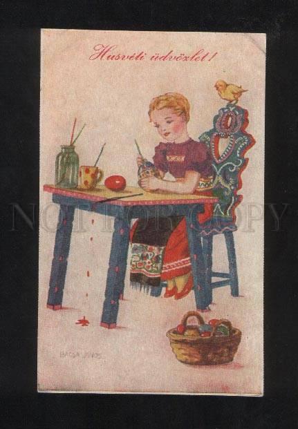 073321 EASTER Girl as Painter of EGGS Vintage Colorful PC