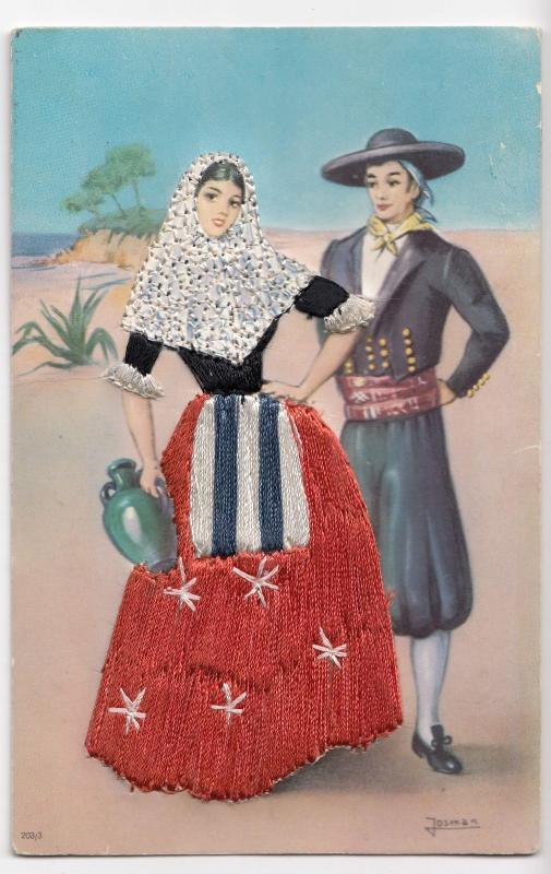 Spanish Embroidered Postcard- Traditional Costume, Appliqué Stitching, Unposted