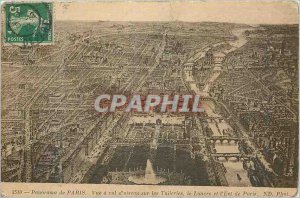 Old Postcard Panorama View of Paris has rol of bird on the Tuileries and the ...