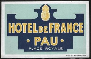 Hotel De France, Pau, France, Hotel Label, Unused, Size: 78 mm x 120 mm