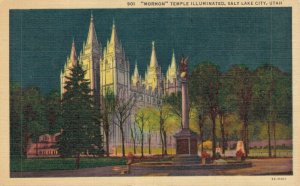 USA Mormon Temple Illuminated Salt Lake City Utah Linen Postcard 03.58