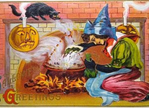 Halloween Postcard Fantasy Witch Magic Potion Cauldron Black Cat Lions Head 116