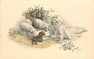 Hand-Colored Christmas Postcard; Pretty Baby w/ Pigs & Dachshund Dog, Unposted