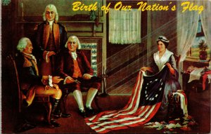 Vtg 1950s Birth of Our Nations Flag America Betsy Ross Patriotic Chrome Postcard