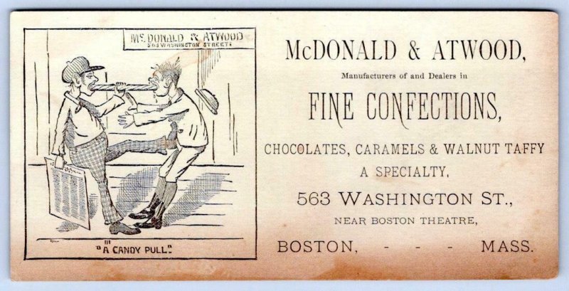 McDONALD & ATWOOD CONFECTIONS CARAMELS CHOCOLATES WALNUT TAFFY BOSTON TRADE CARD