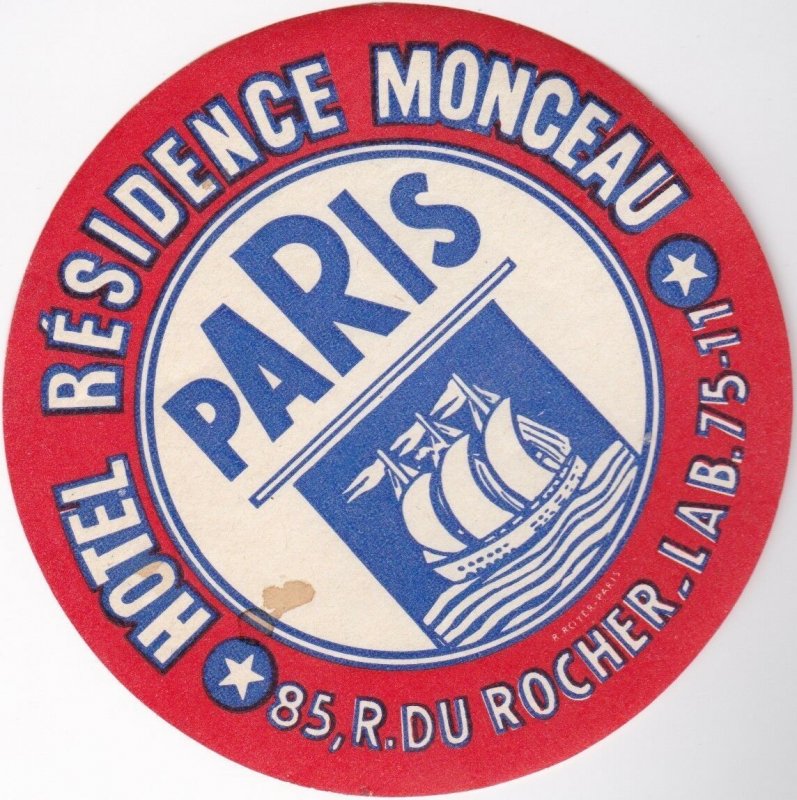 France Paris Hotel Residence Monceau Vintage Luggage Label sk1015