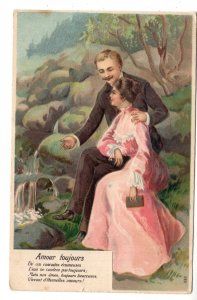 Couple on Rocks, Amour Toujours, Vintage Romantic Poem, Embossed