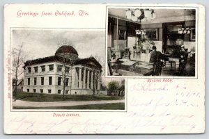 Oshkosh Wisconsin~Public Library Exterior & Reading Room~c1905 Postcard B&W 