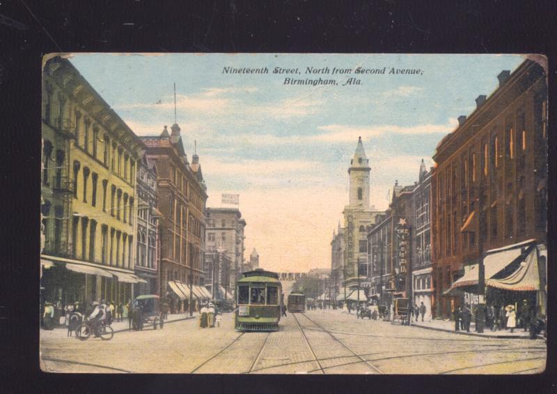 BIRMINGHAM ALABAMA DOWNTOWN NINETEENTH STREET SCENE VINTAGE POSTCARD TROLLEY