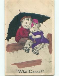 Pre-Linen signed WHO CARES - CUTE GIRL UNDER UMBRELLA WITH BOY DURING RAIN J0554