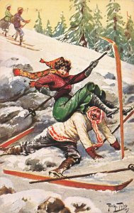 Artist Arthur Thiele Skiing Pile up Serie 71 ORIGINAL Postcard