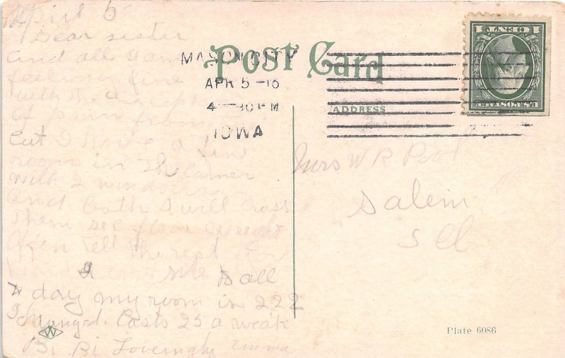 Mason City Iowa~Park Hospital~American Flag~Vintage Car in Street~1918 Postcard