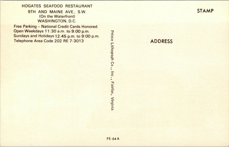 Vtg Washington DC Hogates Seafood Restaurant Postcard