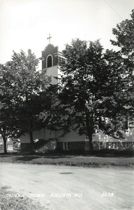 Augusta Wisconsin~Catholic Church on Dirt Road~Shade Trees~1940s RPPC