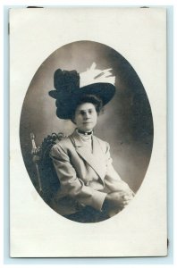 Studious Victorian Woman Spectacular Hat Wicker Chair Postcard Vintage Antique 