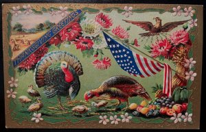 Vintage Victorian Postcard 1910 Patriotic Thanksgiving - Turkeys with Flag, Mums