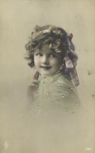 Sweet Young Curly Girl with Purple Hair Bow, White Painted Dots (1910s) RPPC