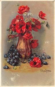 Vase of Roses Flowers Pirous? Painting Artist-Signed 1908 Vintage Postcard