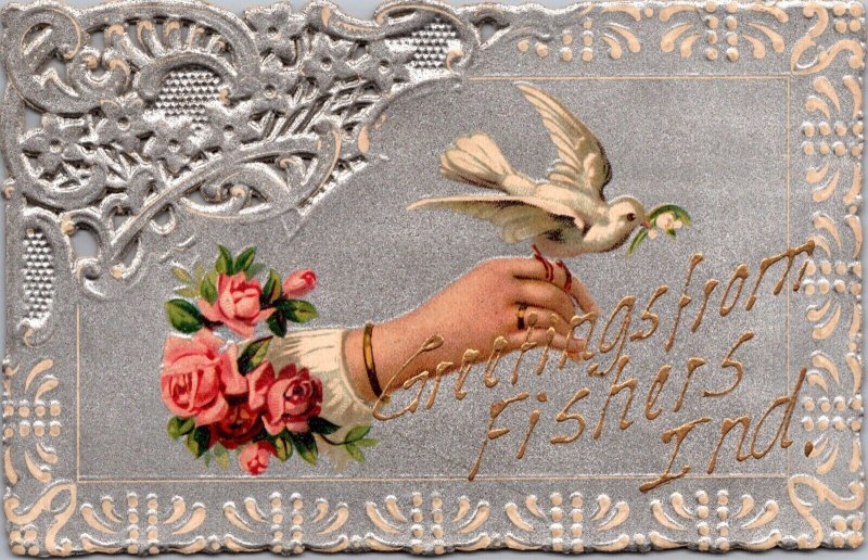 Postcard Greetings From Fishers, Indiana Woman's Hand White Dove Pink Roses 