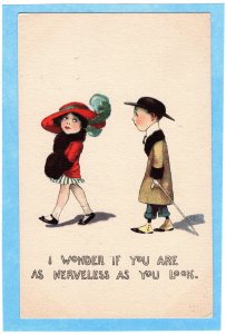 Two Children Postcard, Girl With Hat, Feather, Boy In Suit & Derby