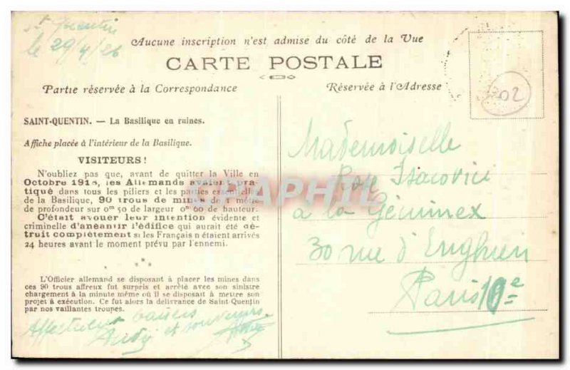 Old Postcard Saint Quentin Basilica After War Militaria