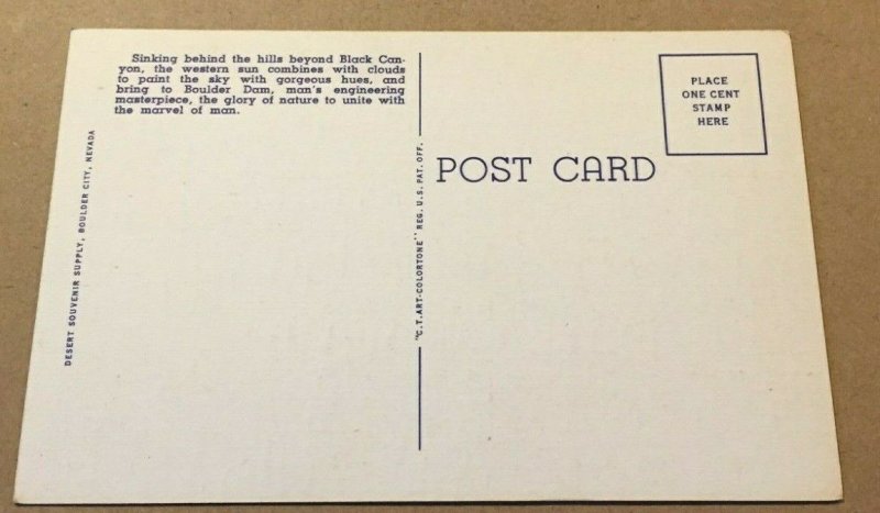 VINTAGE .01 LINEN POSTCARD UNUSED SUNSET AT BOULDER (HOOVER) DAM NEVADA