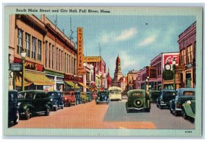 c1950's Car Scene South Main Street and City Hall Fall River MA Vintage Postcard 