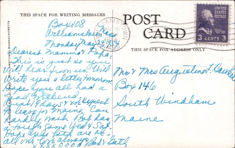 Williamstown MA Massachusetts Main Street Scene c1950-60s Vintage Postcard