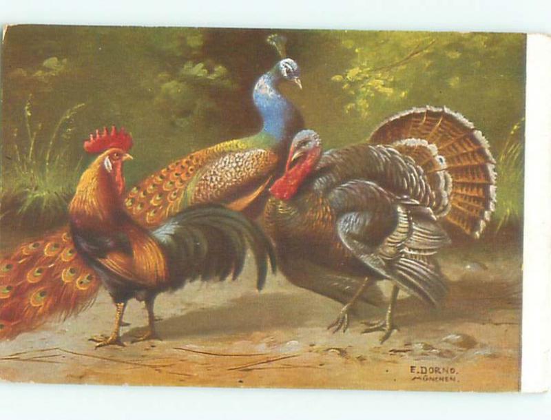 Pre-Linen Thanksgiving BEAUTIFUL PEACOCK WITH TURKEY AND ROOSTER AC5577