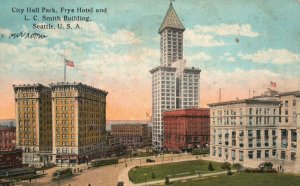 Vintage Postcard 1921 City Hall Park Friday Hotel L.C. Smith Building Seattle WA
