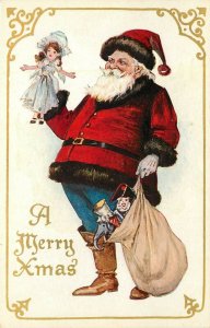 Embossed Christmas Postcard 23 Santa with Bag of Toys Holds up Doll, unposted